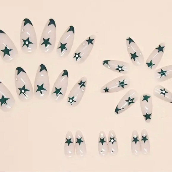 24 pcs Almond French Acrylic Press On Nail Set Reusable green stars French ✨💚 - Picture 4 of 7